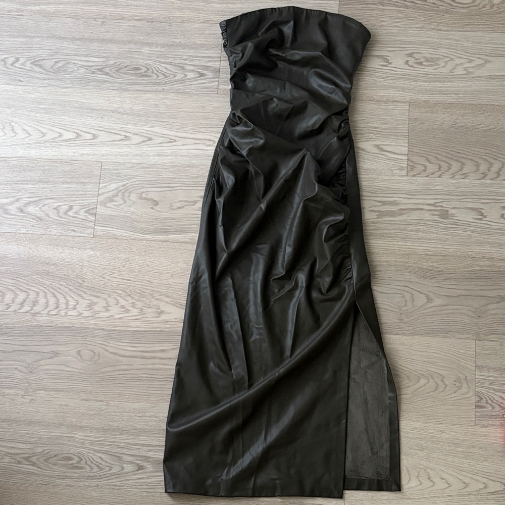 Zara Olive Green Leather Strapless Midi Dress